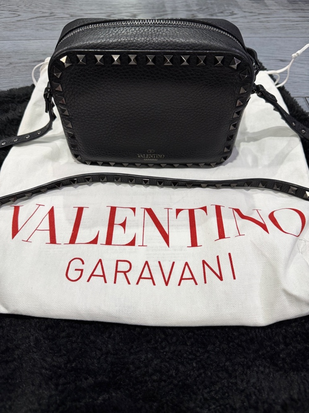Valentino Garavani Black Leather Rockstud Crossbody Camera Bag